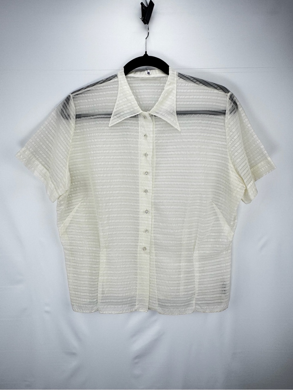 Vintage Woman’s Short-Sleeve Sheer Striped Button-Down Shirt - Ivory